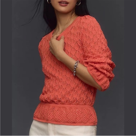 By Anthropologie Flounce-Hem Pointelle Sweater Pleated Sleeves Orange Size XL - Picture 4 of 13